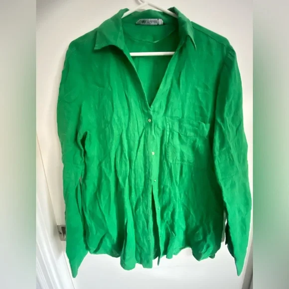 Zara Long Sleeve Button Down Green Blouse Woman’s Size Large - Picture 3 of 11